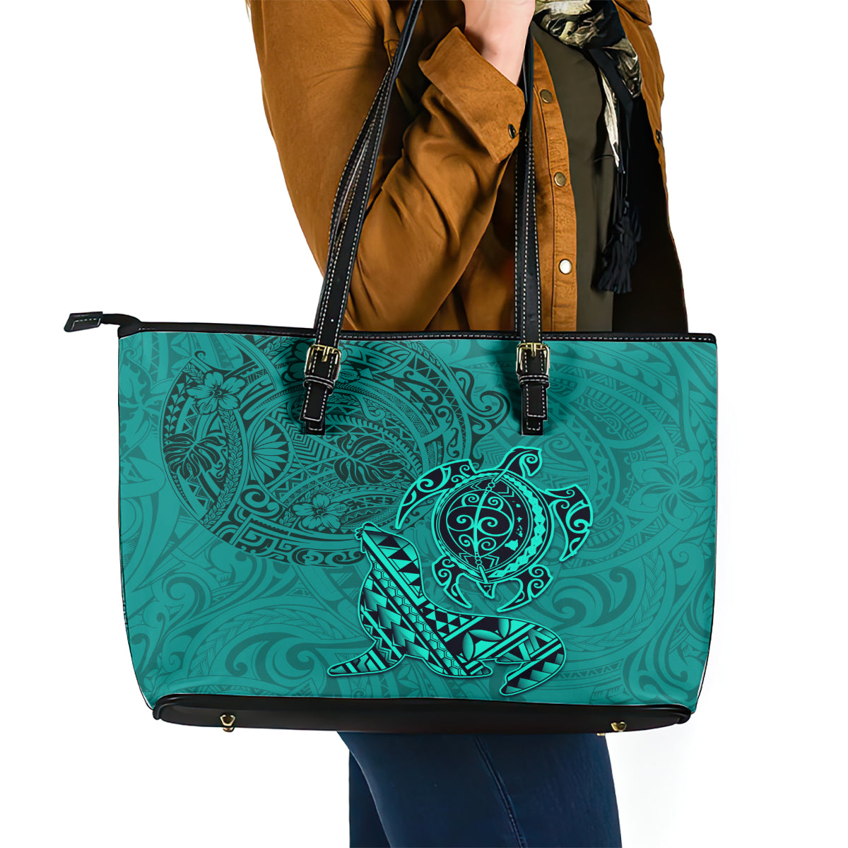 Hawaii Monk Seal and Dolphin Leather Tote Bag Polynesian Kakau Pattern Turquoise LT03 - Polynesian Pride