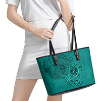 Hawaii Monk Seal and Dolphin Leather Tote Bag Polynesian Kakau Pattern Turquoise LT03 - Polynesian Pride