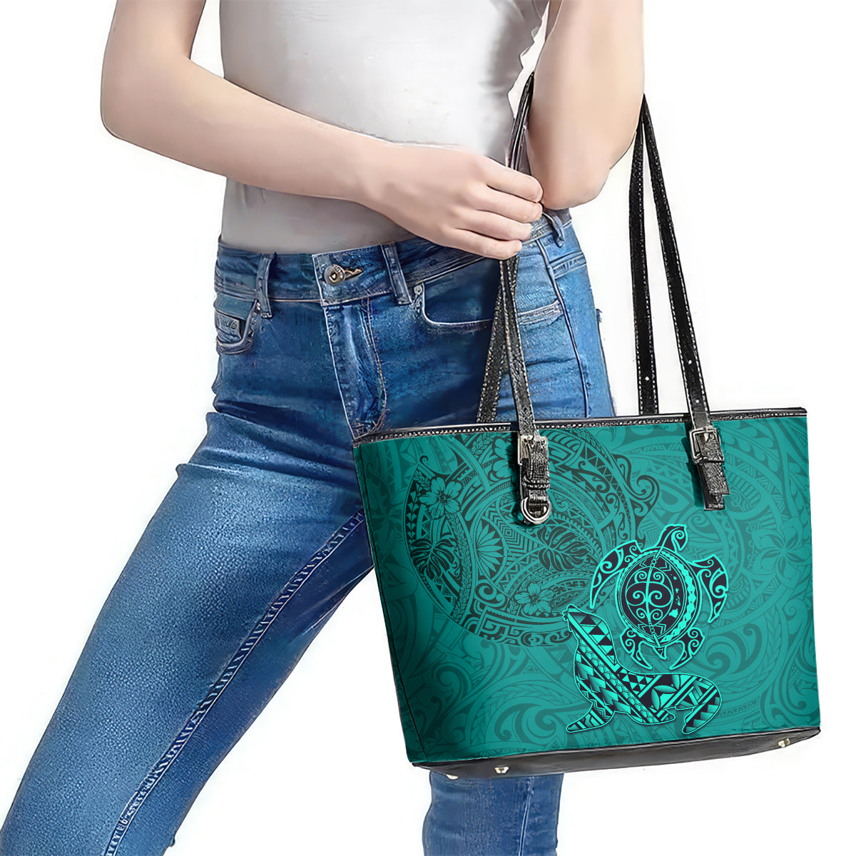 Hawaii Monk Seal and Dolphin Leather Tote Bag Polynesian Kakau Pattern Turquoise LT03 - Polynesian Pride