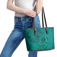 Hawaii Monk Seal and Dolphin Leather Tote Bag Polynesian Kakau Pattern Turquoise LT03 - Polynesian Pride