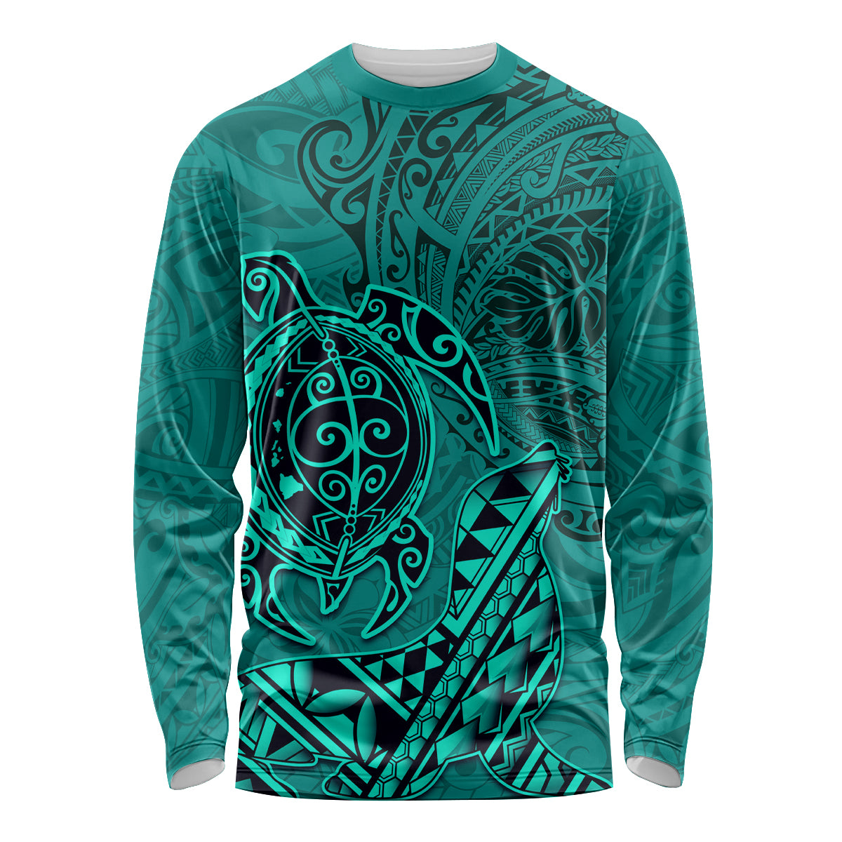 Hawaii Monk Seal and Dolphin Long Sleeve Shirt Polynesian Kakau Pattern Turquoise