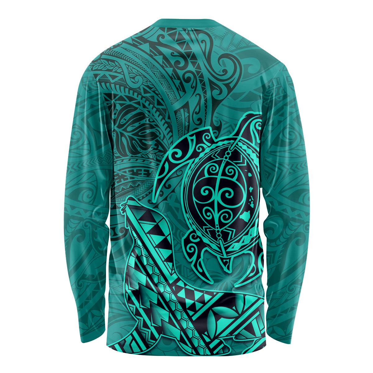 Hawaii Monk Seal and Dolphin Long Sleeve Shirt Polynesian Kakau Pattern Turquoise