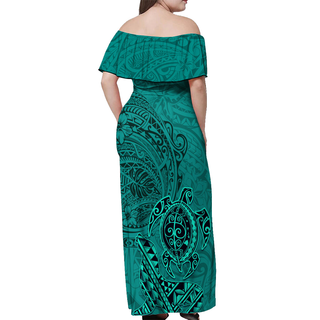 Hawaii Monk Seal and Dolphin Off Shoulder Maxi Dress Polynesian Kakau Pattern Turquoise LT03 - Polynesian Pride