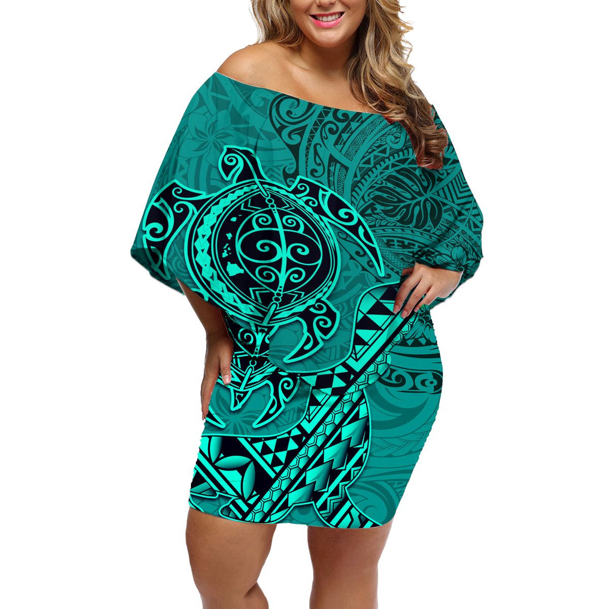 Hawaii Monk Seal and Dolphin Off Shoulder Short Dress Polynesian Kakau Pattern Turquoise LT03 Women Turquoise - Polynesian Pride