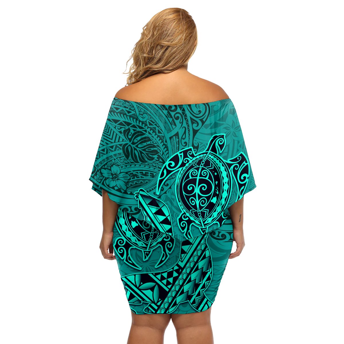 Hawaii Monk Seal and Dolphin Off Shoulder Short Dress Polynesian Kakau Pattern Turquoise LT03 - Polynesian Pride