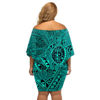 Hawaii Monk Seal and Dolphin Off Shoulder Short Dress Polynesian Kakau Pattern Turquoise LT03 - Polynesian Pride