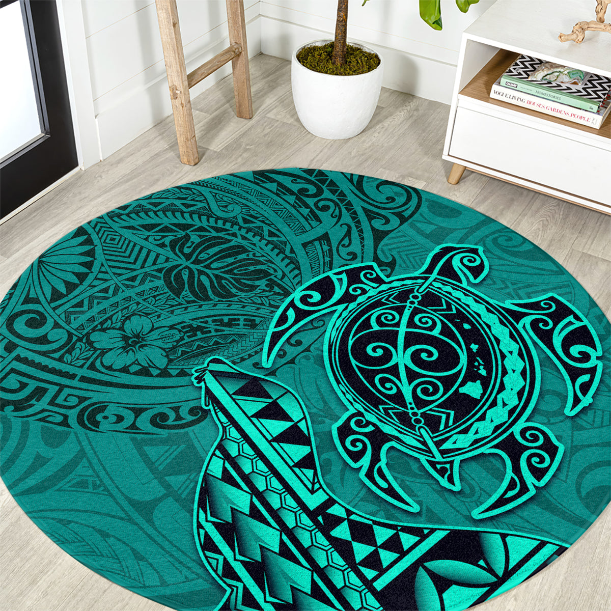 Hawaii Monk Seal and Dolphin Round Carpet Polynesian Kakau Pattern Turquoise