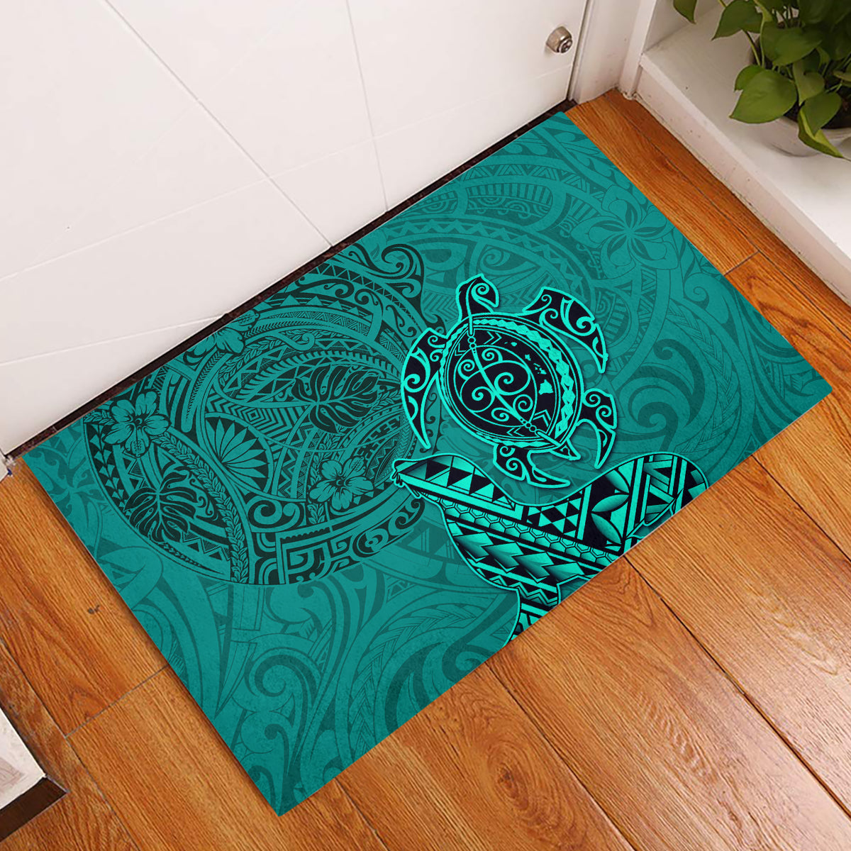 Hawaii Monk Seal and Dolphin Rubber Doormat Polynesian Kakau Pattern Turquoise LT03 Turquoise - Polynesian Pride