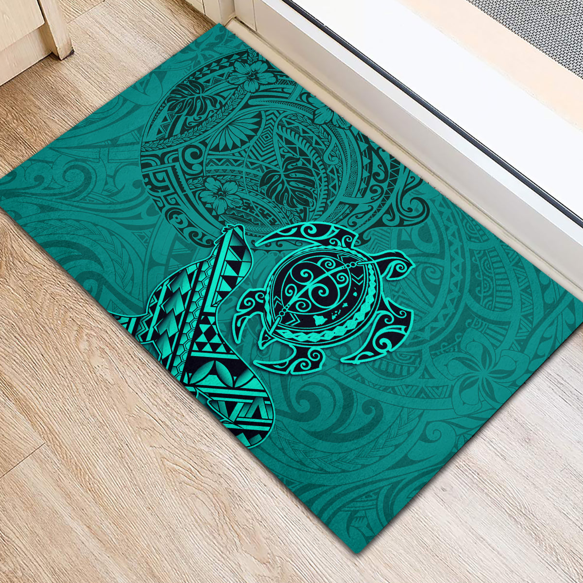Hawaii Monk Seal and Dolphin Rubber Doormat Polynesian Kakau Pattern Turquoise LT03 - Polynesian Pride