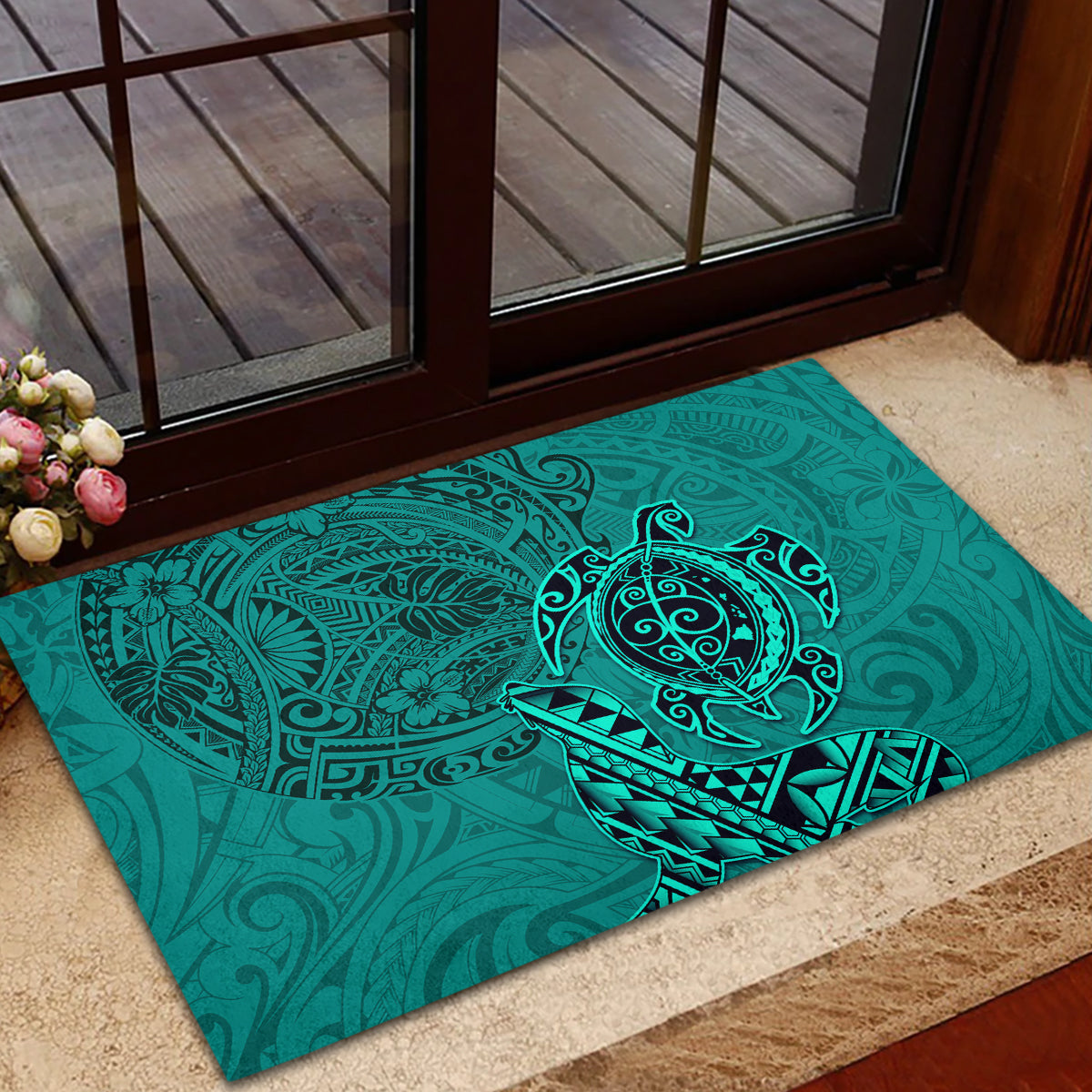 Hawaii Monk Seal and Dolphin Rubber Doormat Polynesian Kakau Pattern Turquoise LT03 - Polynesian Pride