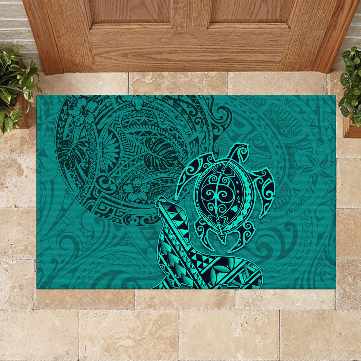 Hawaii Monk Seal and Dolphin Rubber Doormat Polynesian Kakau Pattern Turquoise LT03 - Polynesian Pride