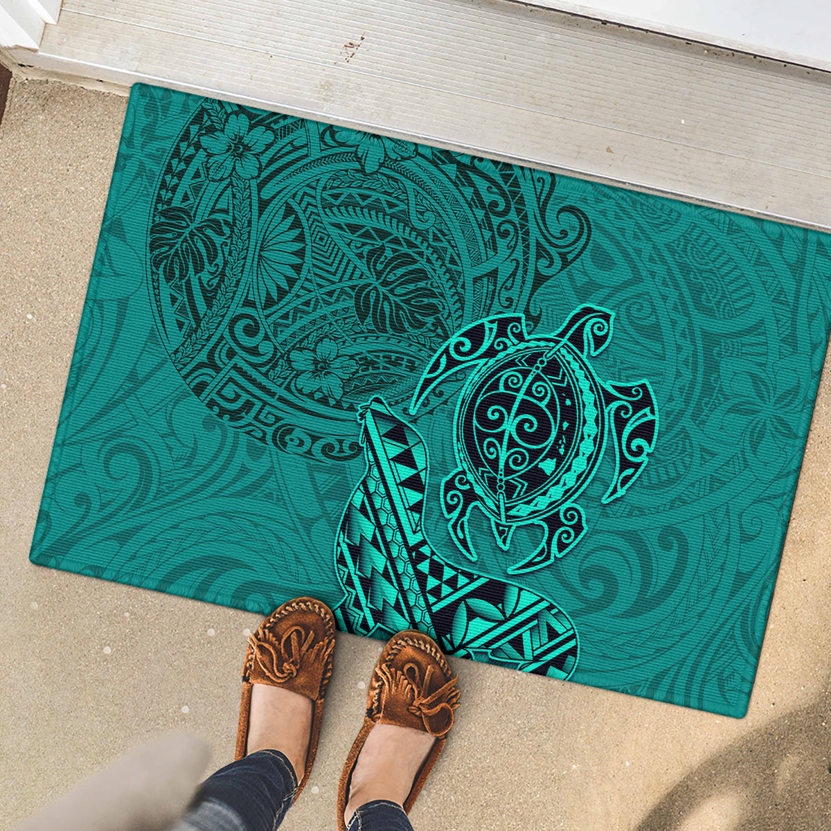Hawaii Monk Seal and Dolphin Rubber Doormat Polynesian Kakau Pattern Turquoise LT03 - Polynesian Pride