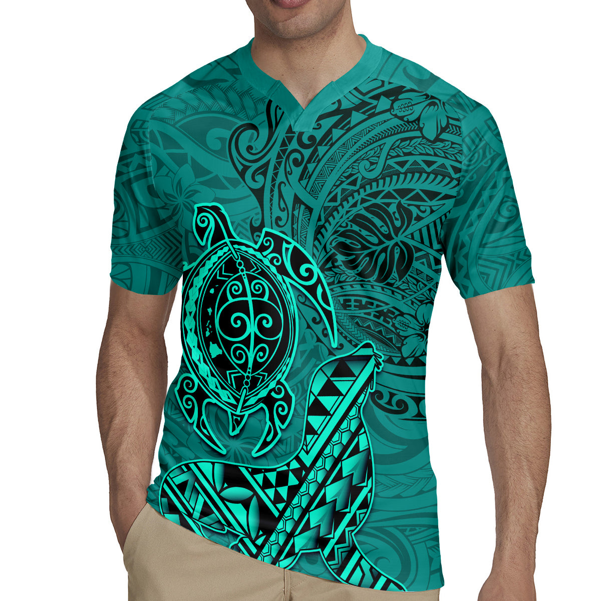 Hawaii Monk Seal and Dolphin Rugby Jersey Polynesian Kakau Pattern Turquoise LT03 - Polynesian Pride
