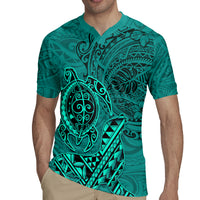 Hawaii Monk Seal and Dolphin Rugby Jersey Polynesian Kakau Pattern Turquoise LT03 - Polynesian Pride