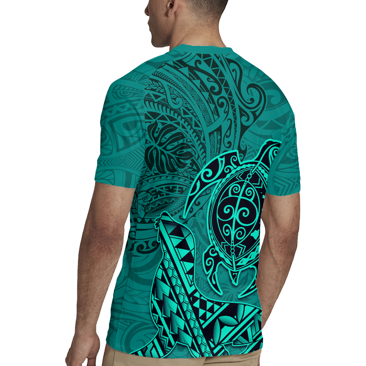 Hawaii Monk Seal and Dolphin Rugby Jersey Polynesian Kakau Pattern Turquoise LT03 - Polynesian Pride