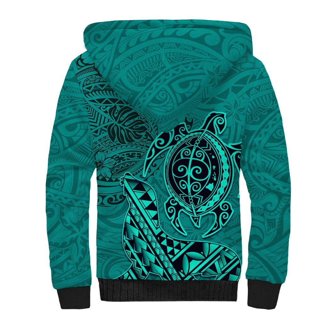 Hawaii Monk Seal and Dolphin Sherpa Hoodie Polynesian Kakau Pattern Turquoise LT03 - Polynesian Pride