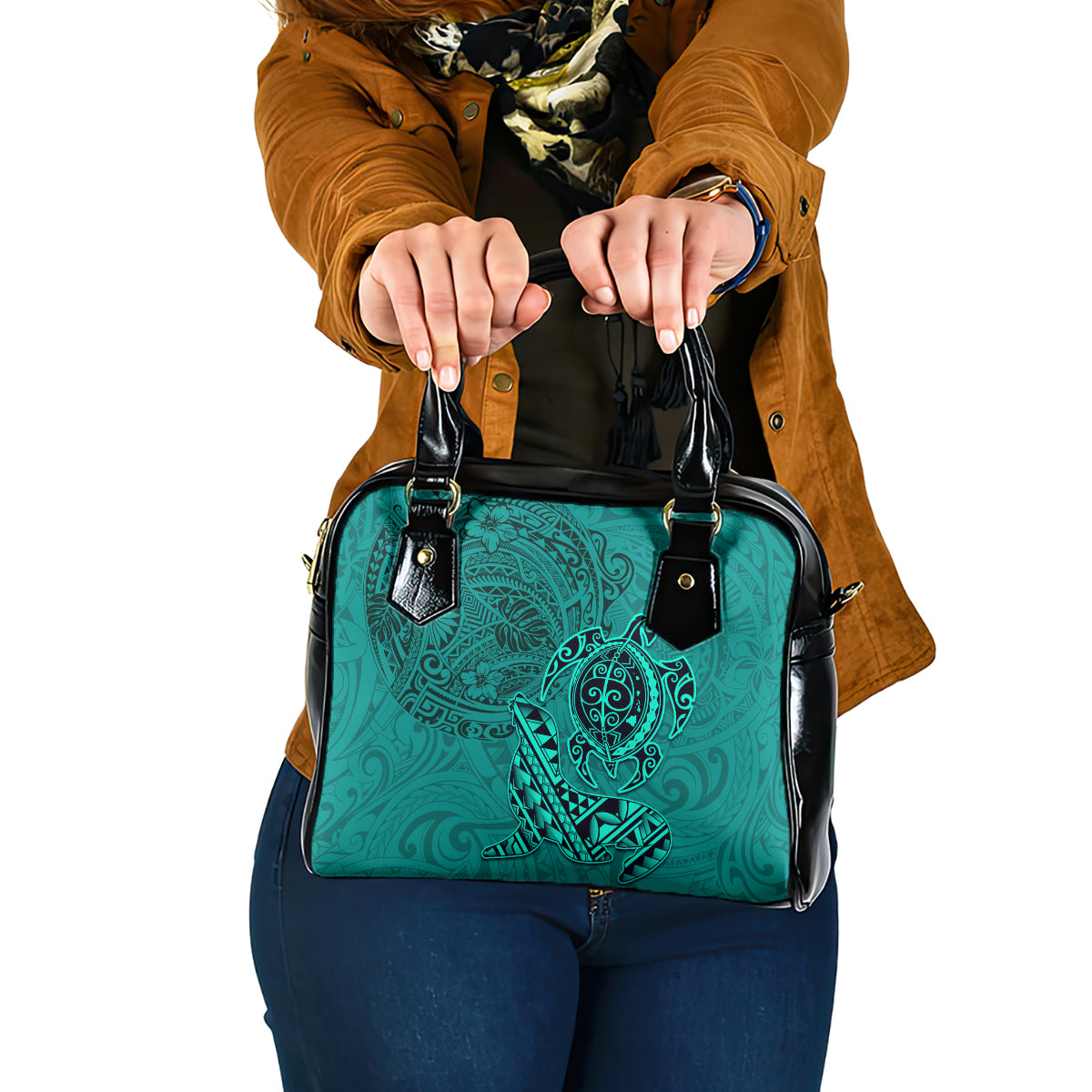 Hawaii Monk Seal and Dolphin Shoulder Handbag Polynesian Kakau Pattern Turquoise