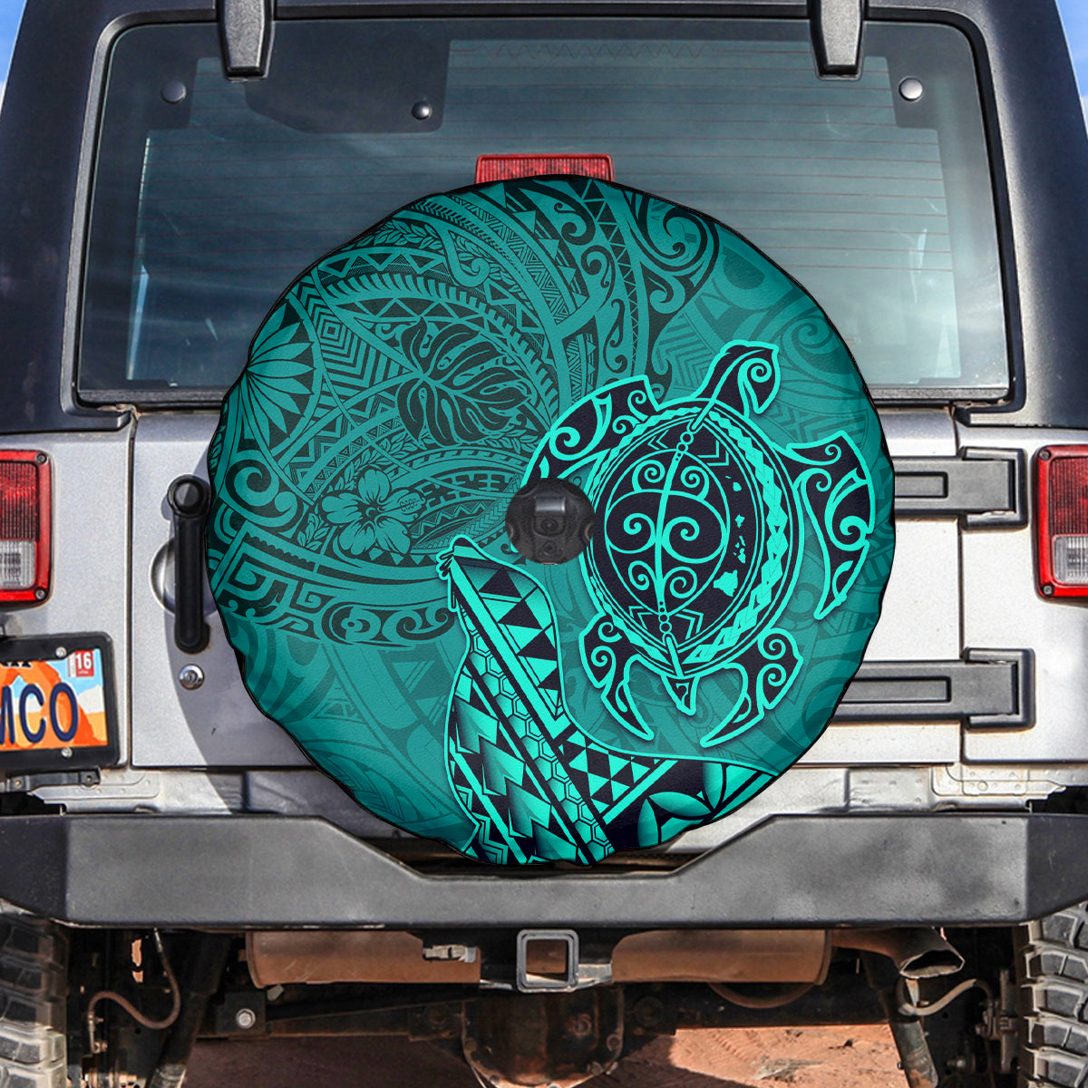 Hawaii Monk Seal and Dolphin Spare Tire Cover Polynesian Kakau Pattern Turquoise LT03 Turquoise - Polynesian Pride