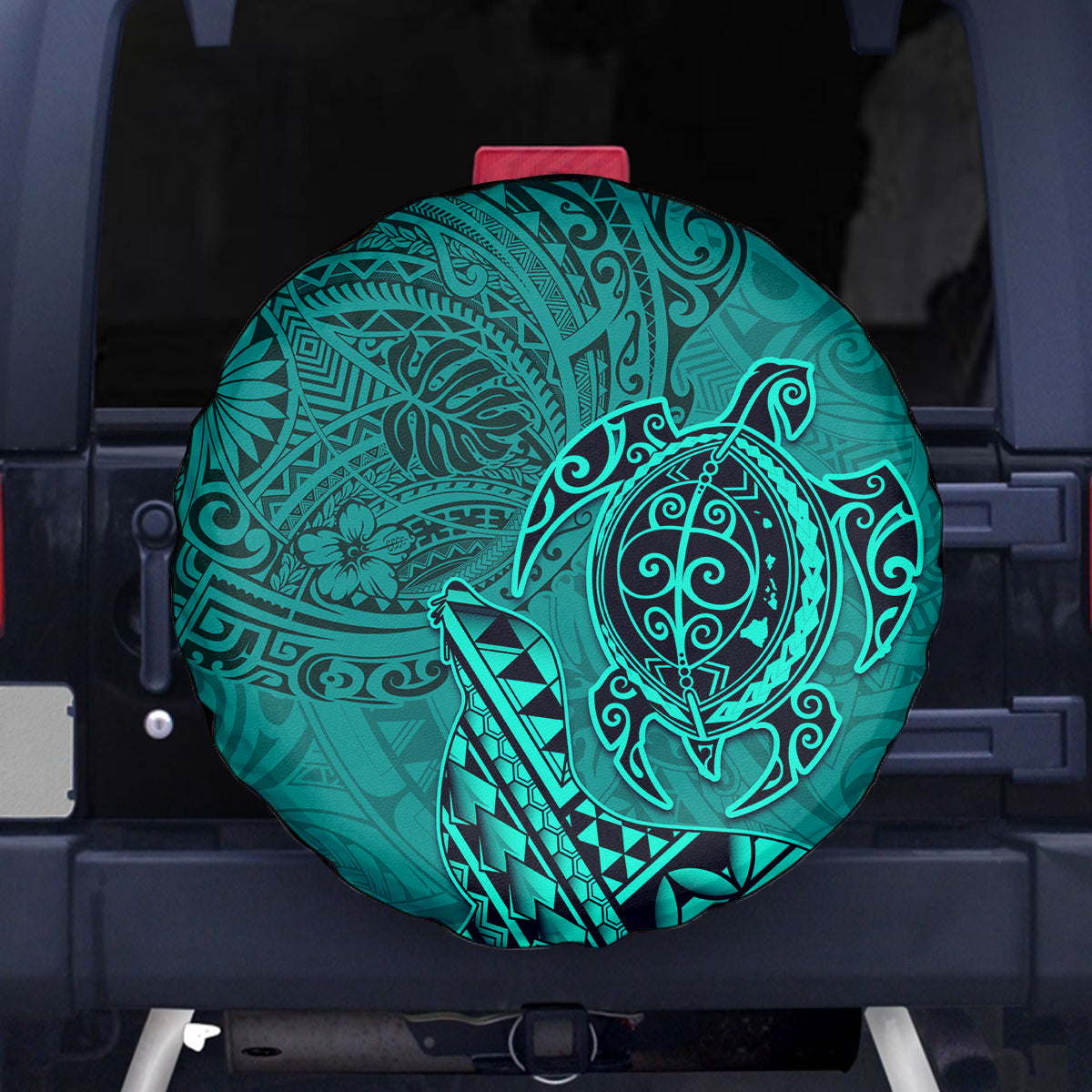 Hawaii Monk Seal and Dolphin Spare Tire Cover Polynesian Kakau Pattern Turquoise LT03 - Polynesian Pride