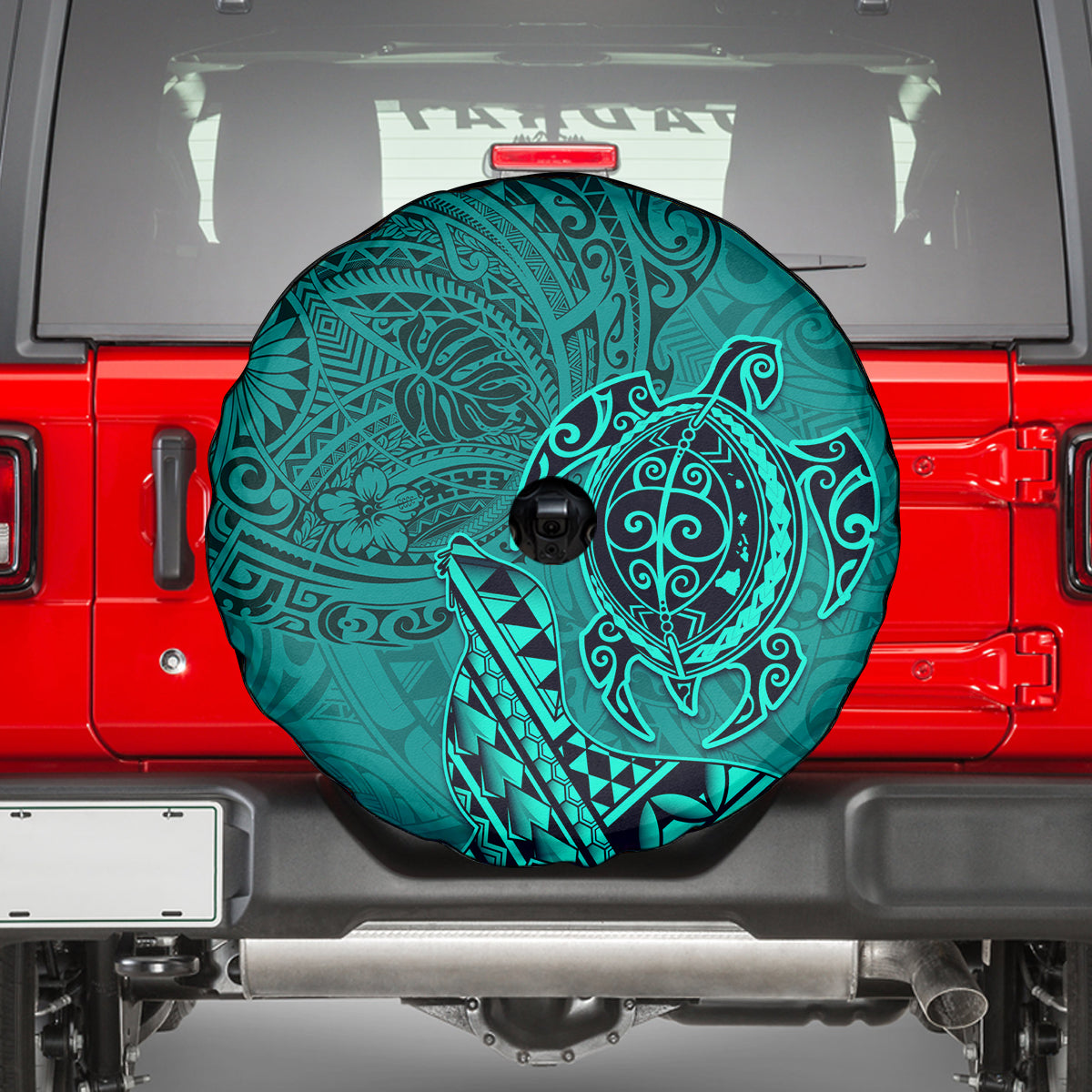 Hawaii Monk Seal and Dolphin Spare Tire Cover Polynesian Kakau Pattern Turquoise LT03 - Polynesian Pride
