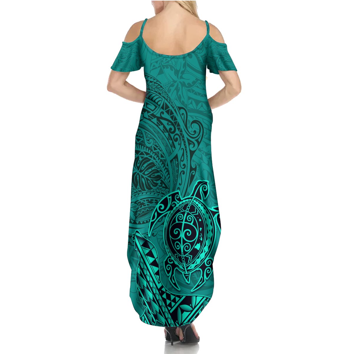 Hawaii Monk Seal and Dolphin Summer Maxi Dress Polynesian Kakau Pattern Turquoise LT03 - Polynesian Pride