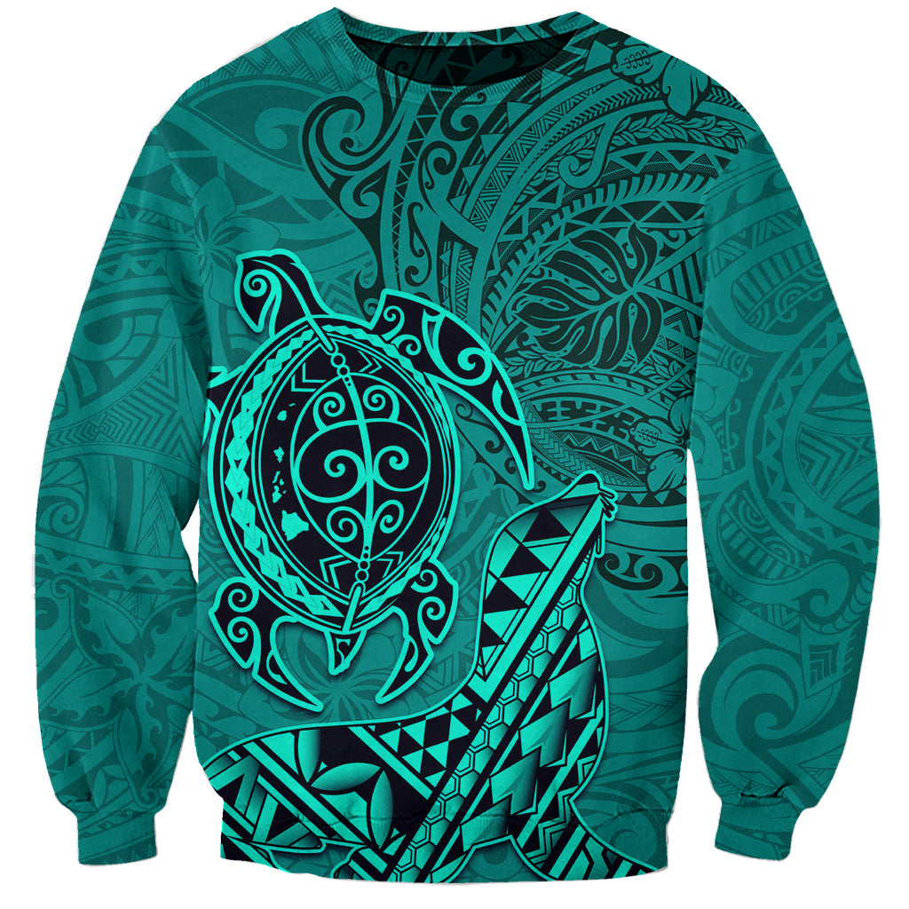 Hawaii Monk Seal and Dolphin Sweatshirt Polynesian Kakau Pattern Turquoise LT03 Unisex Turquoise - Polynesian Pride