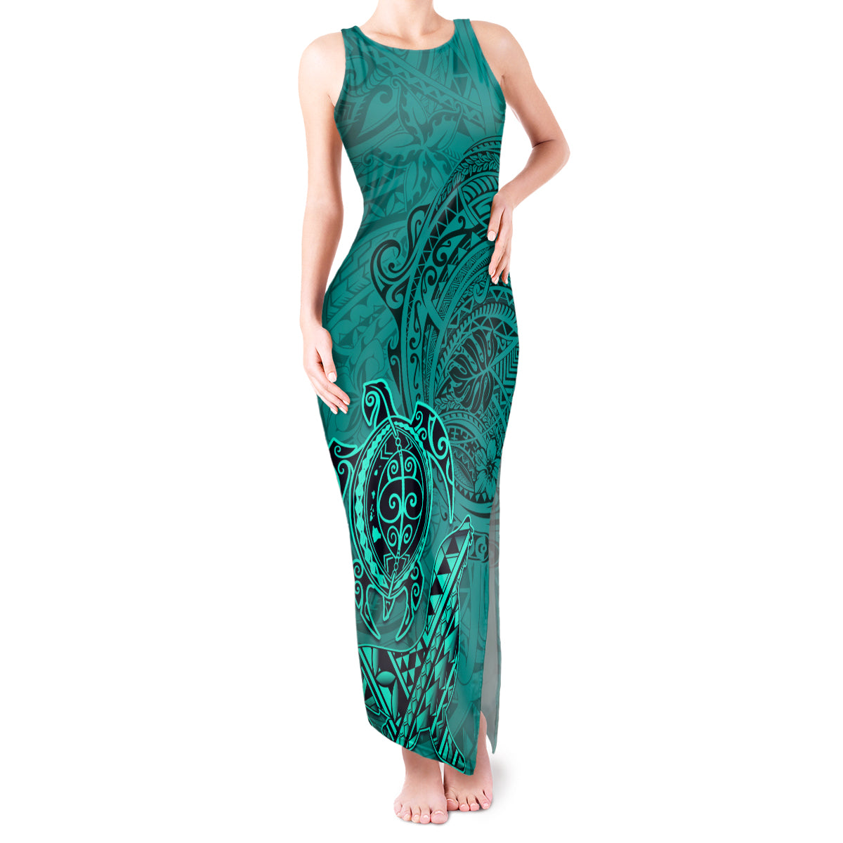 Hawaii Monk Seal and Dolphin Tank Maxi Dress Polynesian Kakau Pattern Turquoise