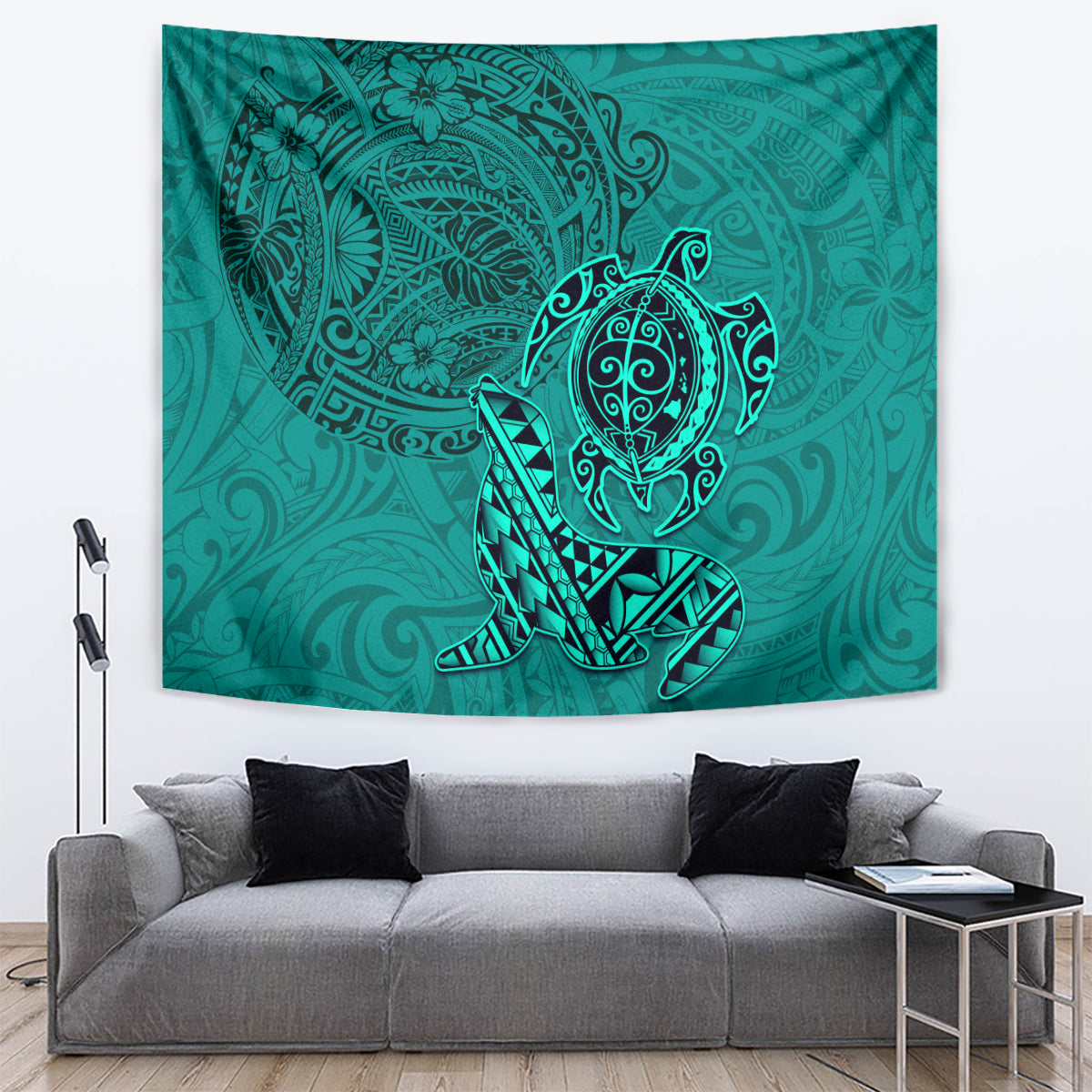 Hawaii Monk Seal and Dolphin Tapestry Polynesian Kakau Pattern Turquoise