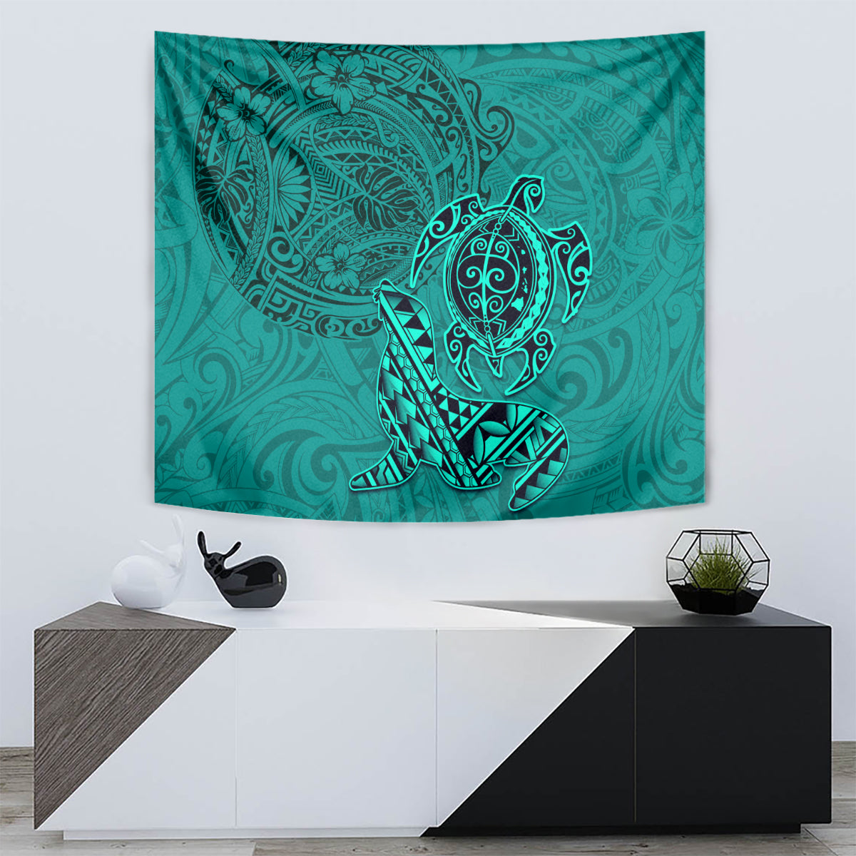 Hawaii Monk Seal and Dolphin Tapestry Polynesian Kakau Pattern Turquoise
