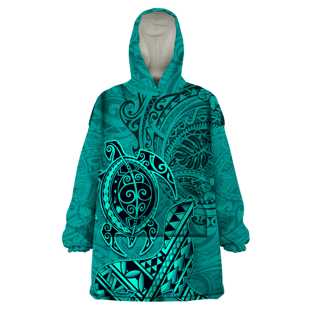 Hawaii Monk Seal and Dolphin Wearable Blanket Hoodie Polynesian Kakau Pattern Turquoise