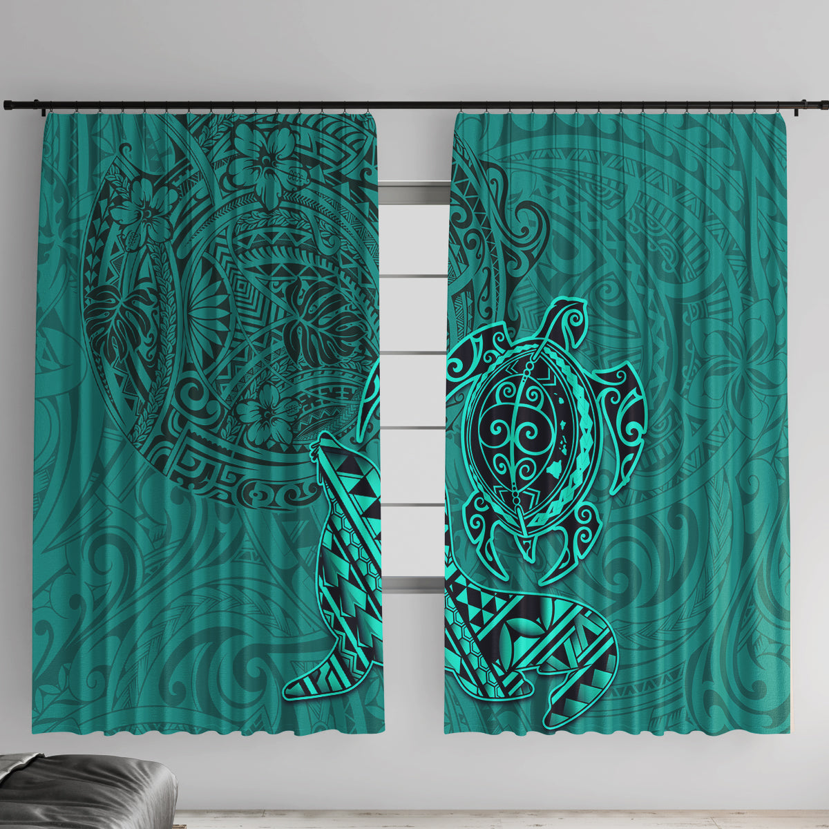 Hawaii Monk Seal and Dolphin Window Curtain Polynesian Kakau Pattern Turquoise