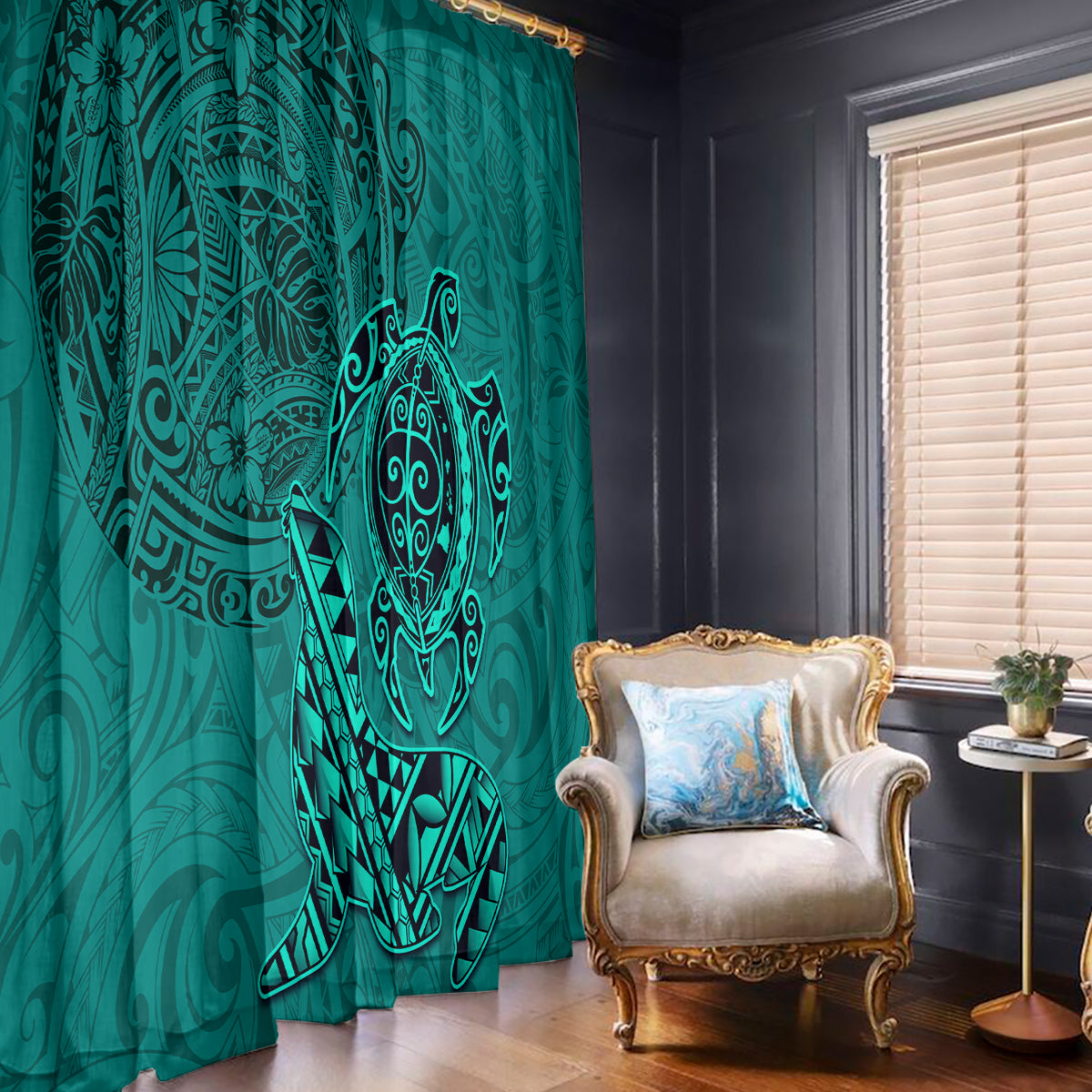 Hawaii Monk Seal and Dolphin Window Curtain Polynesian Kakau Pattern Turquoise LT03 - Polynesian Pride