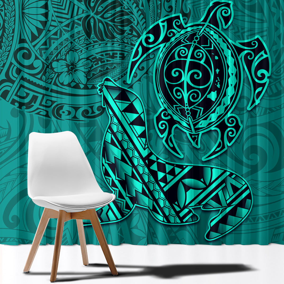 Hawaii Monk Seal and Dolphin Window Curtain Polynesian Kakau Pattern Turquoise LT03 - Polynesian Pride