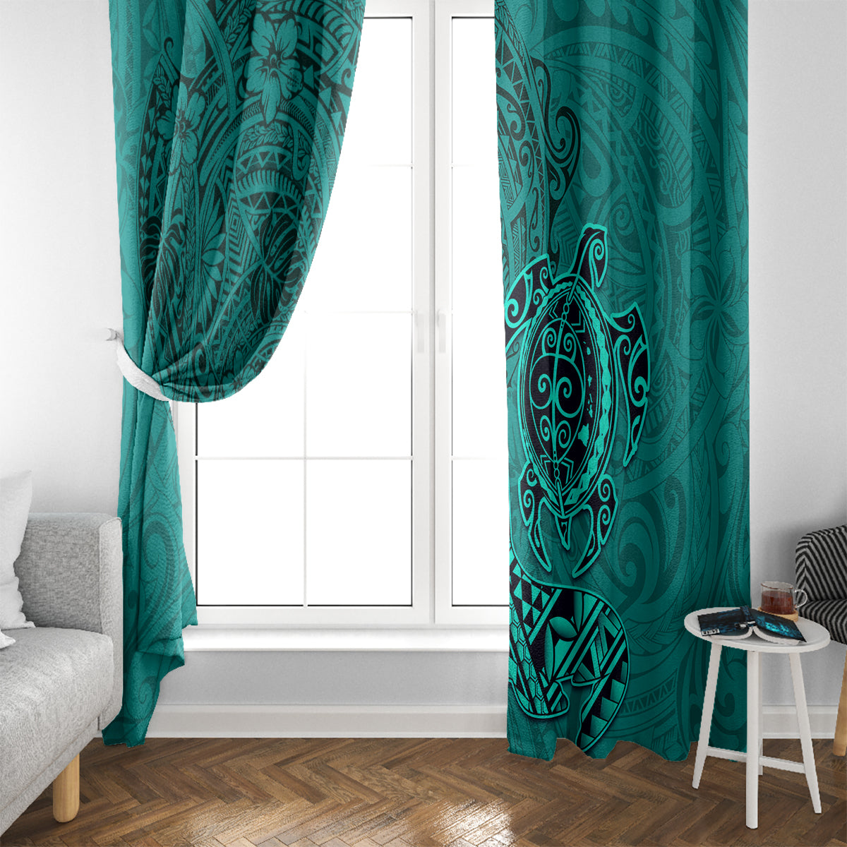 Hawaii Monk Seal and Dolphin Window Curtain Polynesian Kakau Pattern Turquoise LT03 - Polynesian Pride
