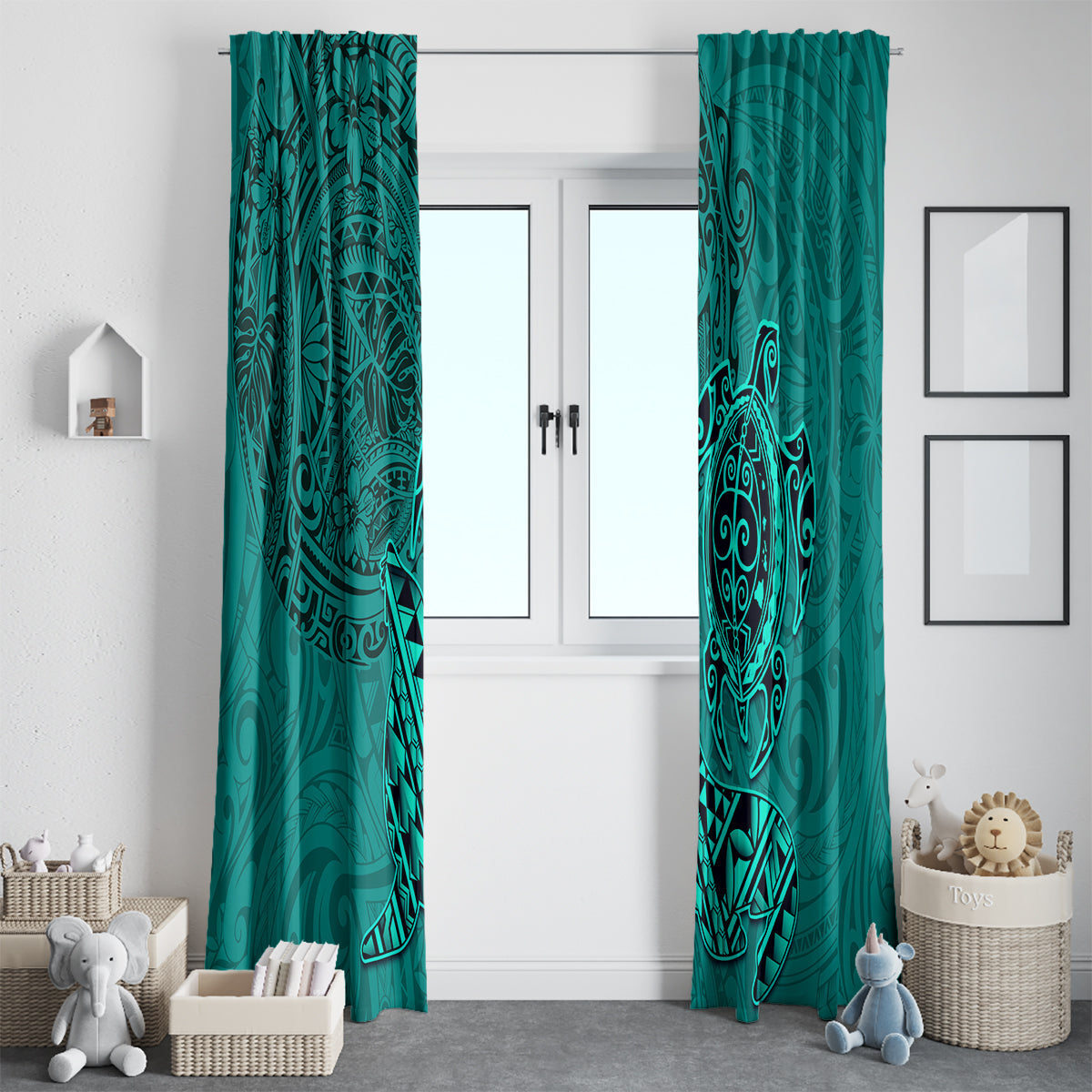 Hawaii Monk Seal and Dolphin Window Curtain Polynesian Kakau Pattern Turquoise LT03 - Polynesian Pride