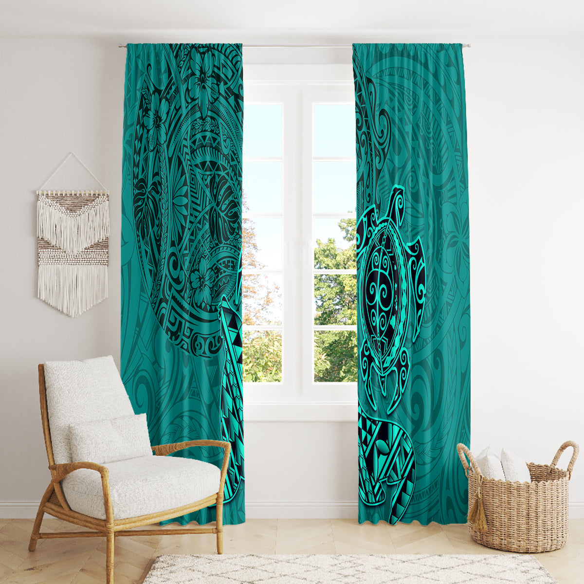 Hawaii Monk Seal and Dolphin Window Curtain Polynesian Kakau Pattern Turquoise LT03 - Polynesian Pride