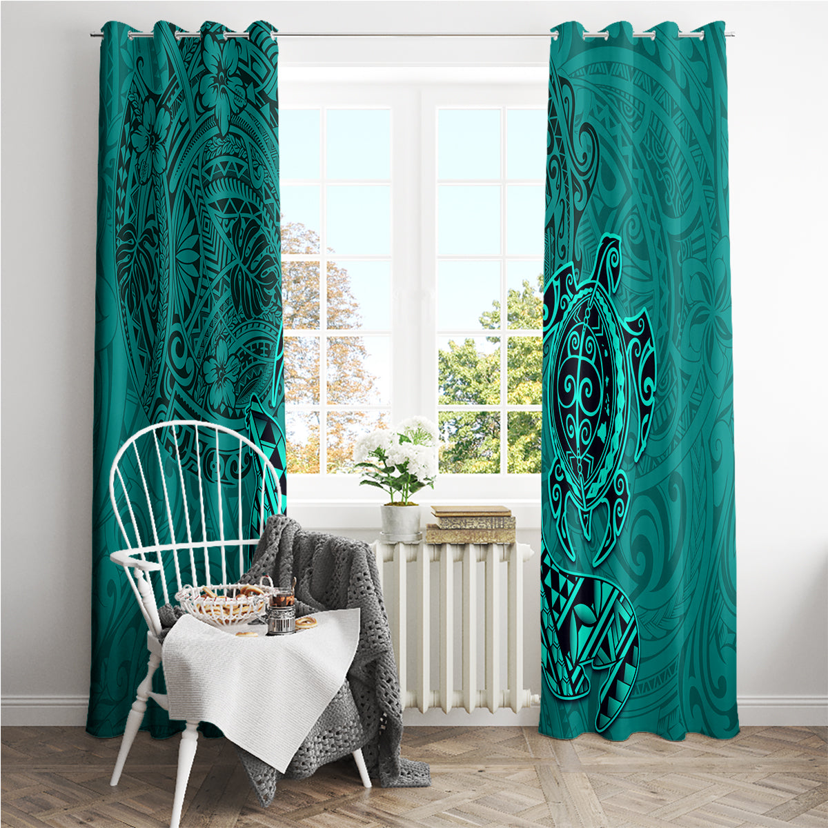 Hawaii Monk Seal and Dolphin Window Curtain Polynesian Kakau Pattern Turquoise LT03 - Polynesian Pride
