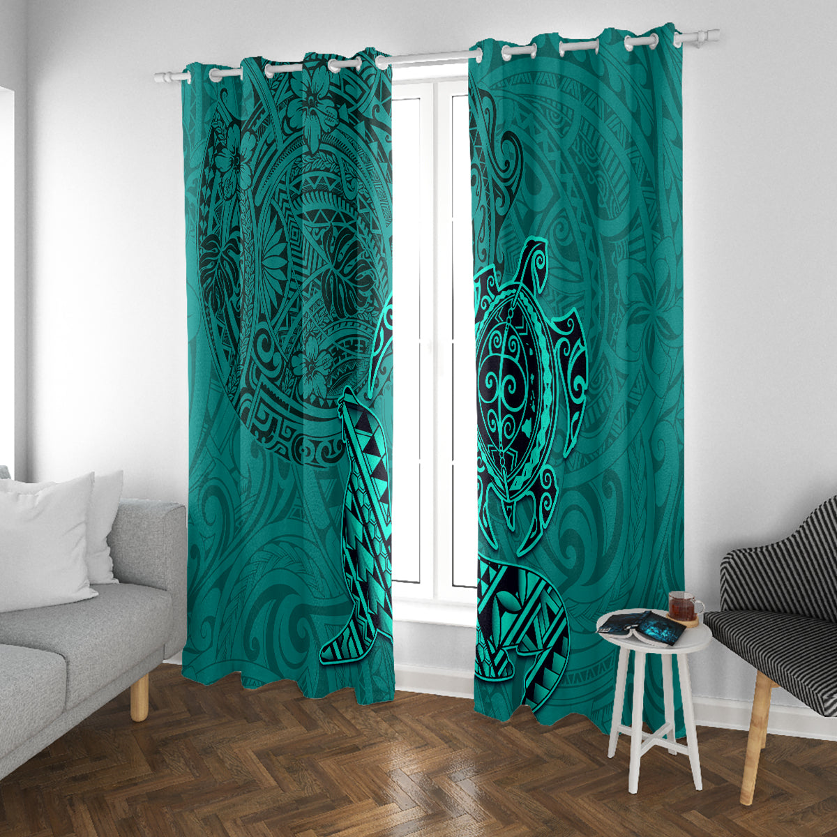 Hawaii Monk Seal and Dolphin Window Curtain Polynesian Kakau Pattern Turquoise LT03 With Grommets Turquoise - Polynesian Pride