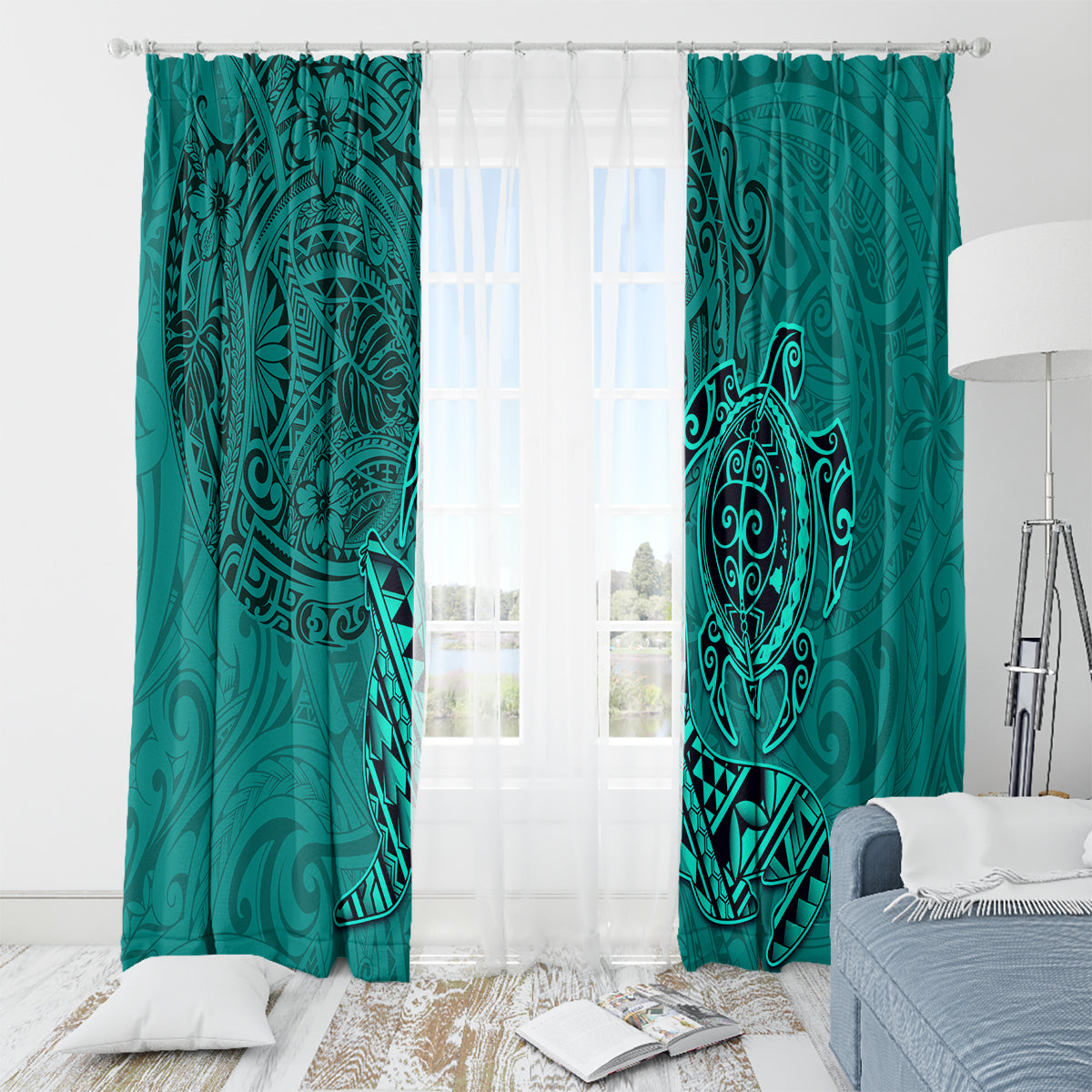 Hawaii Monk Seal and Dolphin Window Curtain Polynesian Kakau Pattern Turquoise LT03 - Polynesian Pride