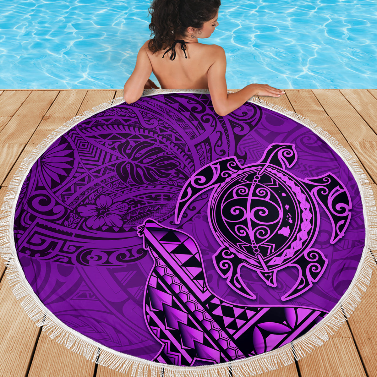 Hawaii Monk Seal and Dolphin Beach Blanket Polynesian Kakau Pattern Purple LT03 - Polynesian Pride