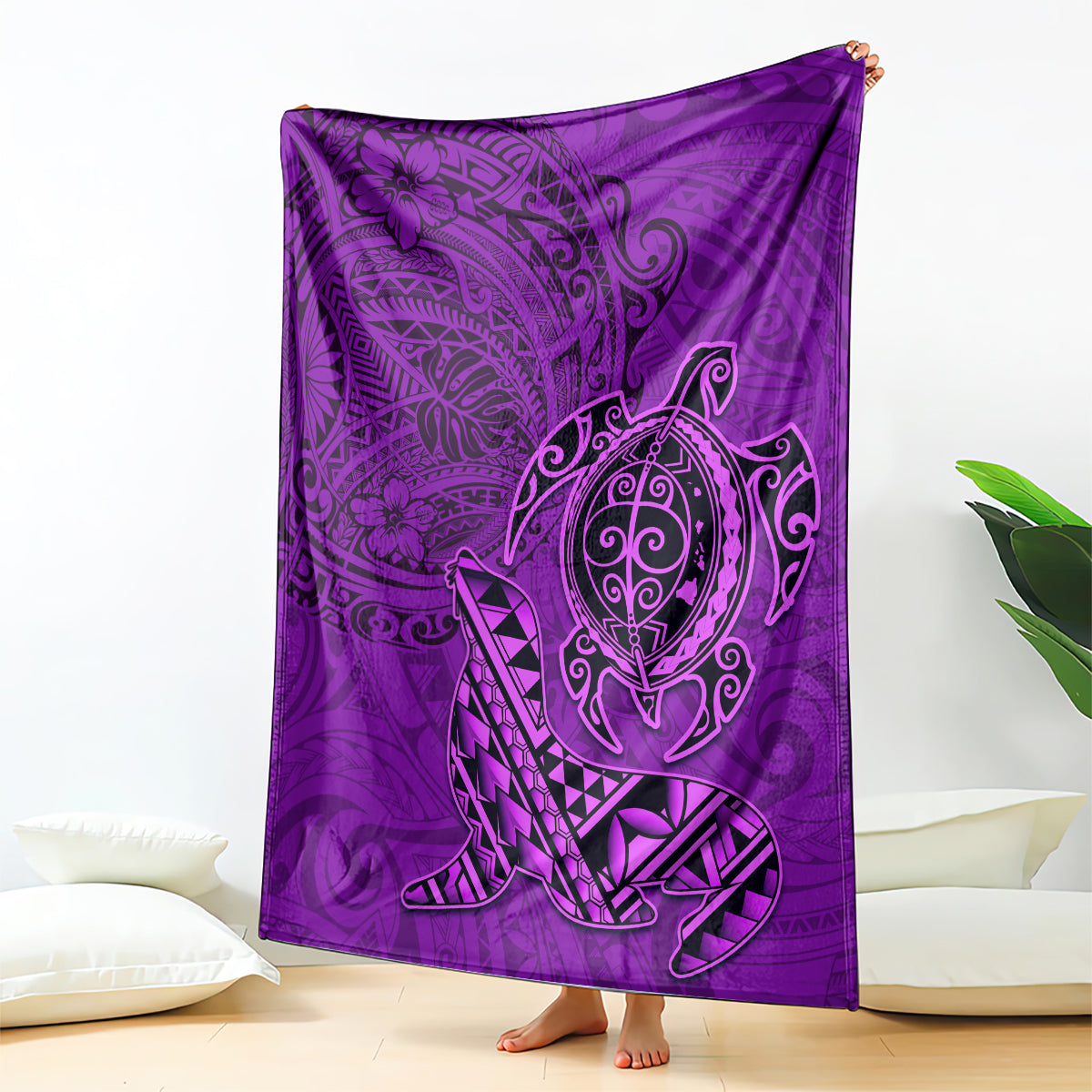Hawaii Monk Seal and Dolphin Blanket Polynesian Kakau Pattern Purple LT03 - Polynesian Pride