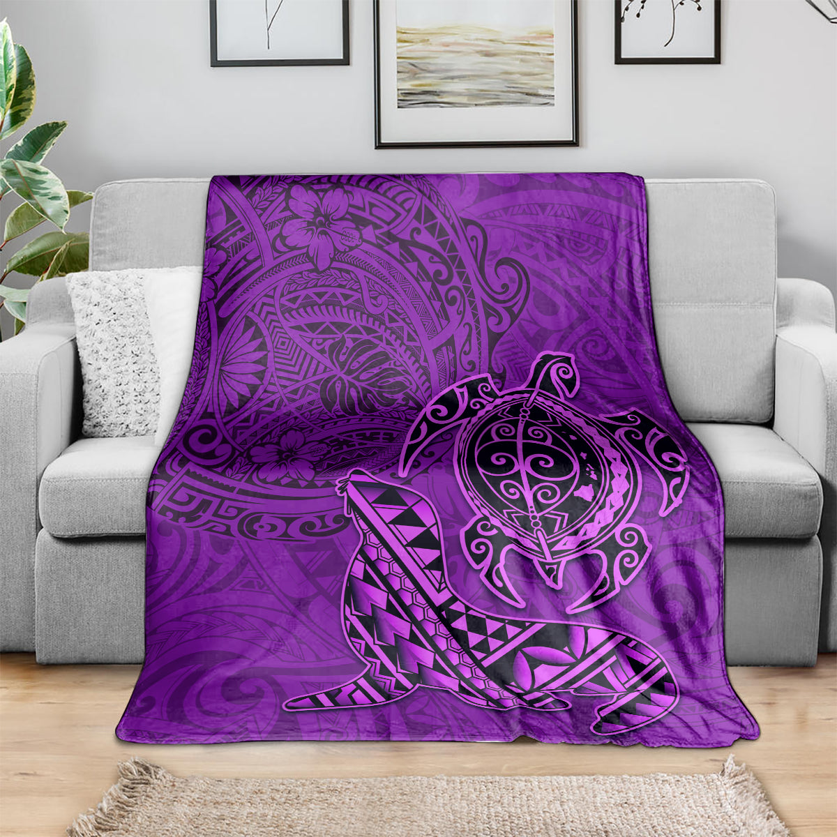 Hawaii Monk Seal and Dolphin Blanket Polynesian Kakau Pattern Purple LT03 - Polynesian Pride