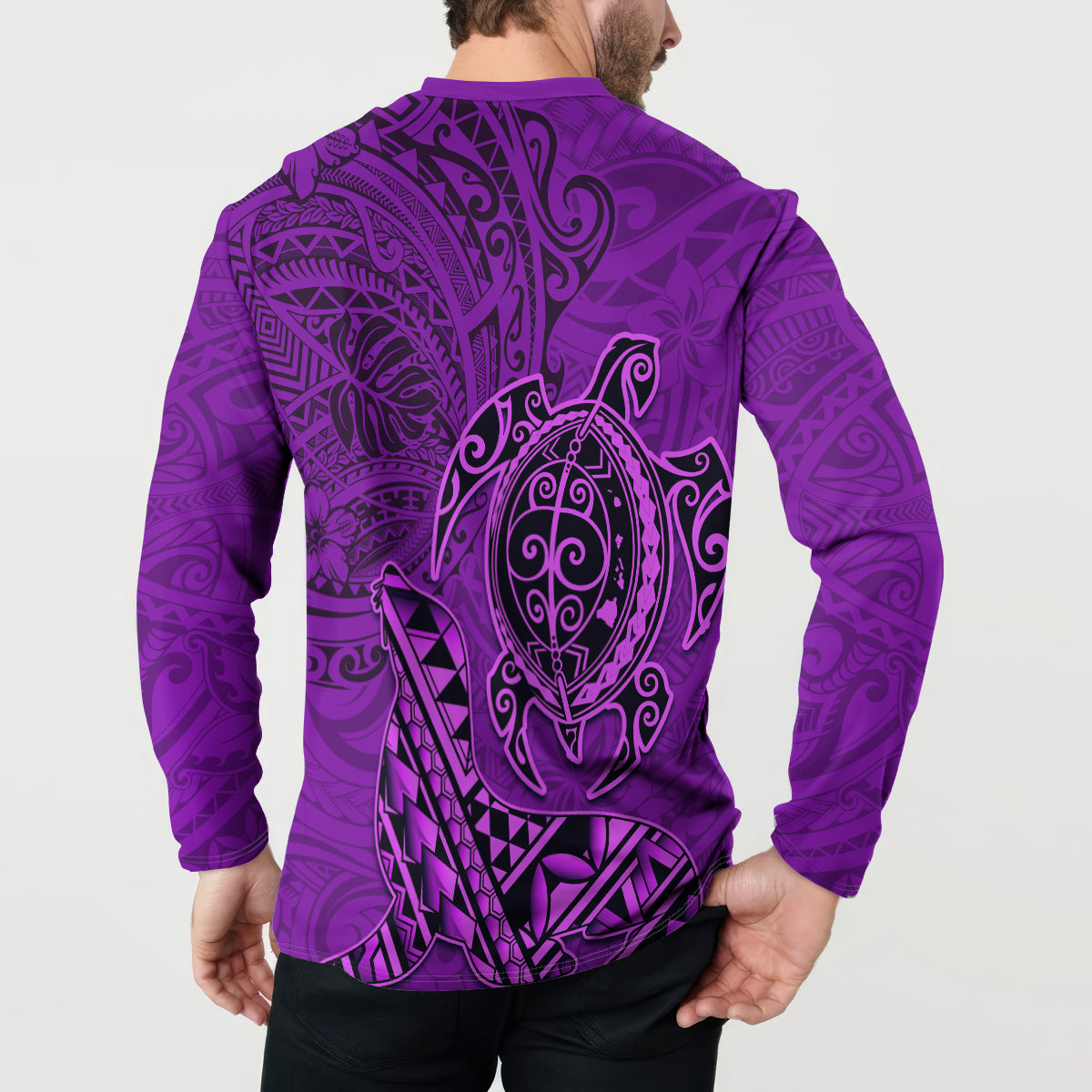 Hawaii Monk Seal and Dolphin Button Sweatshirt Polynesian Kakau Pattern Purple LT03 - Polynesian Pride
