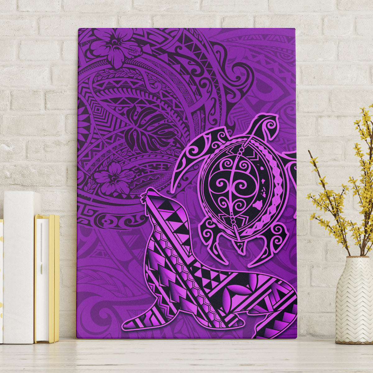 Hawaii Monk Seal and Dolphin Canvas Wall Art Polynesian Kakau Pattern Purple LT03 Without Frame Purple - Polynesian Pride