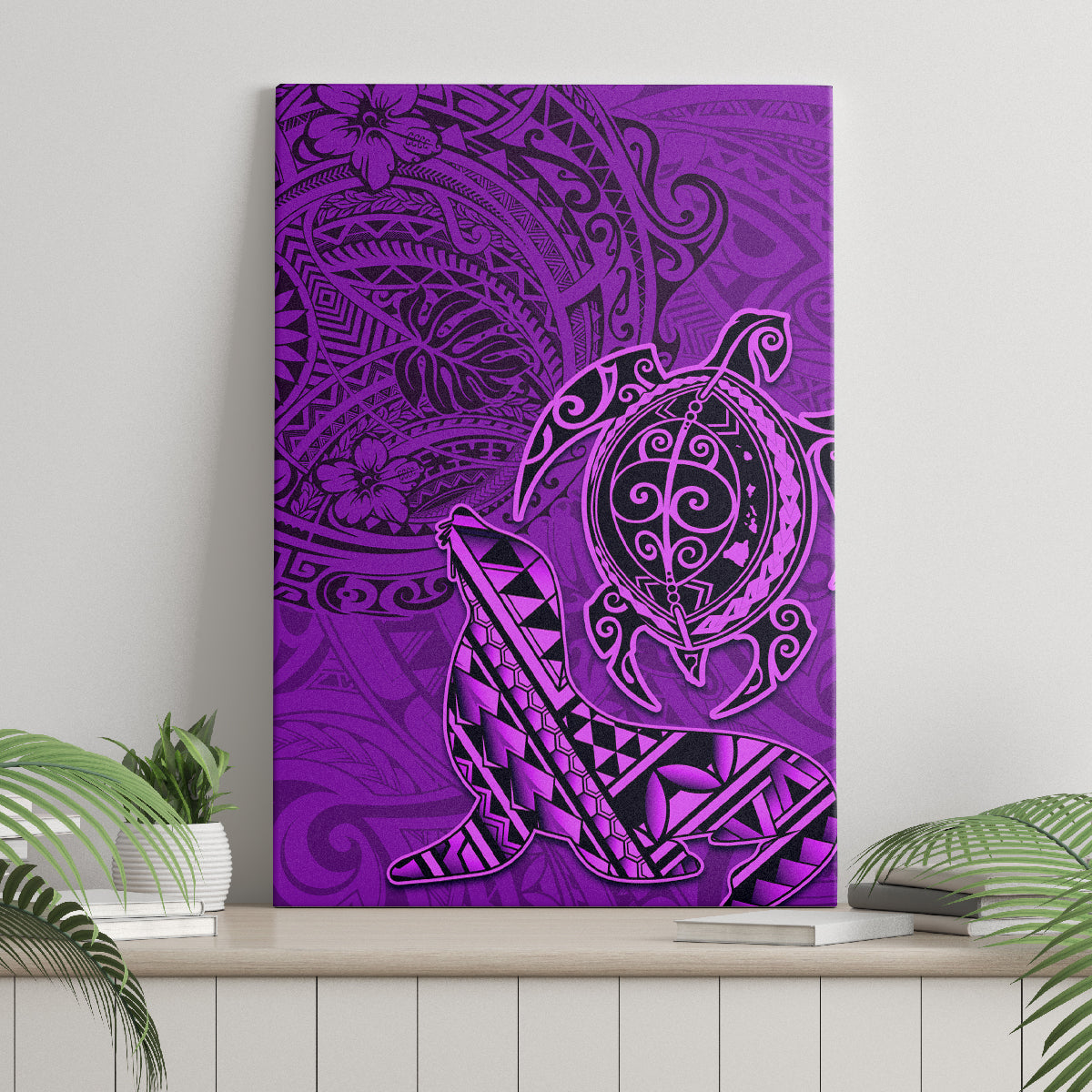 Hawaii Monk Seal and Dolphin Canvas Wall Art Polynesian Kakau Pattern Purple LT03 - Polynesian Pride