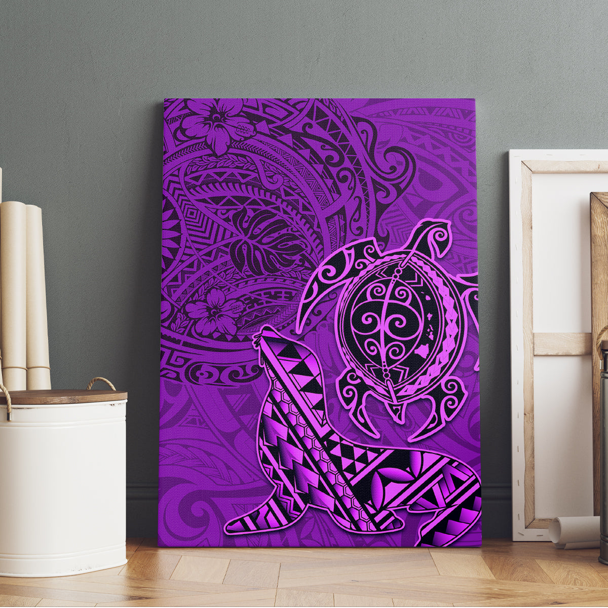 Hawaii Monk Seal and Dolphin Canvas Wall Art Polynesian Kakau Pattern Purple LT03 - Polynesian Pride