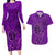 Hawaii Monk Seal and Dolphin Couples Matching Long Sleeve Bodycon Dress and Hawaiian Shirt Polynesian Kakau Pattern Purple