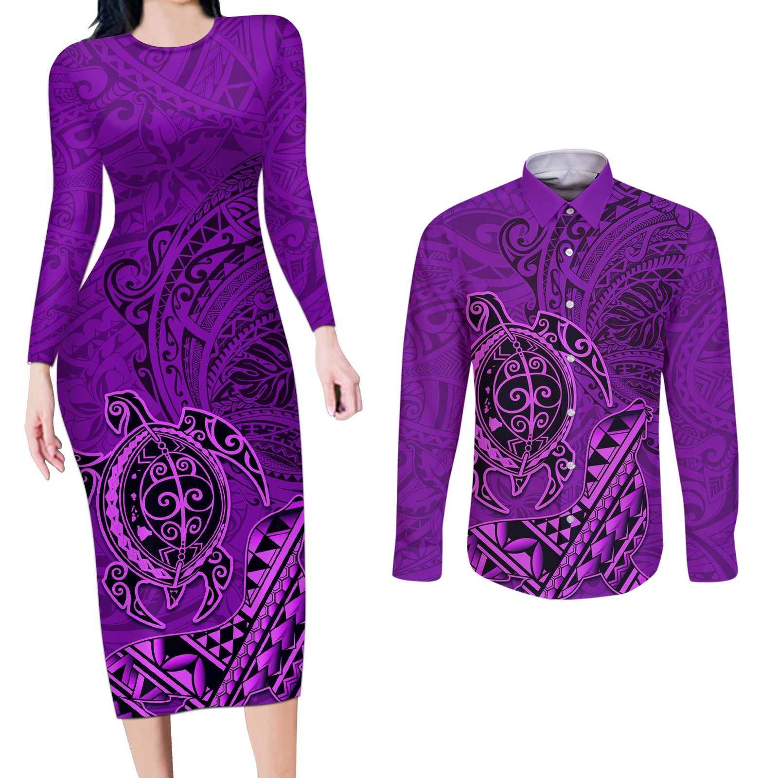 Hawaii Monk Seal and Dolphin Couples Matching Long Sleeve Bodycon Dress and Long Sleeve Button Shirt Polynesian Kakau Pattern Purple LT03 Purple - Polynesian Pride