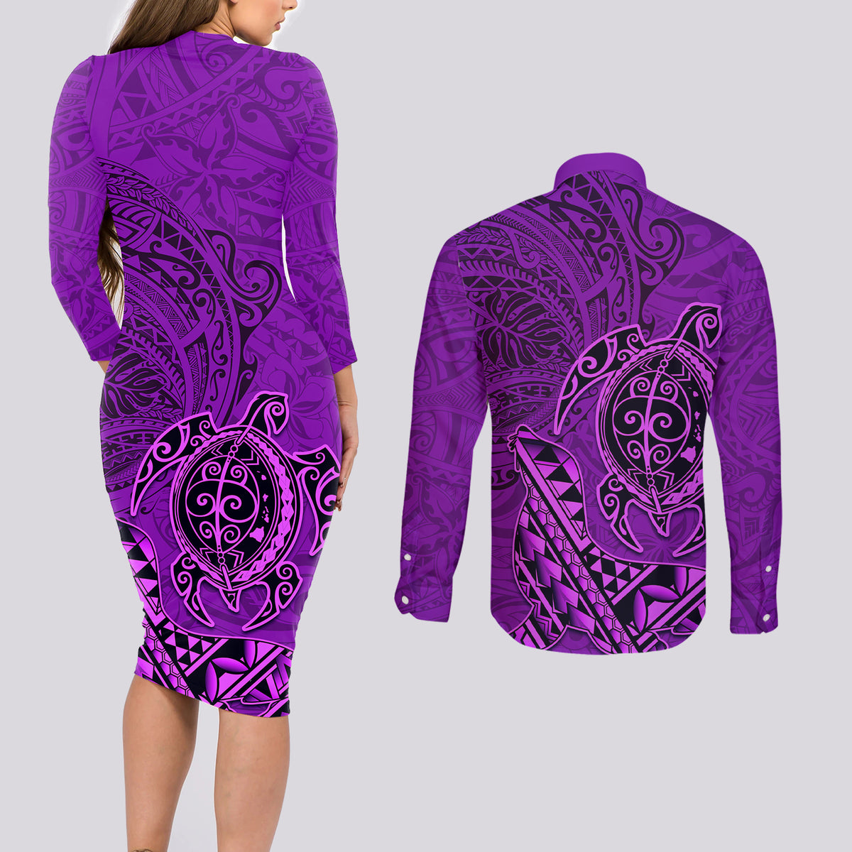 Hawaii Monk Seal and Dolphin Couples Matching Long Sleeve Bodycon Dress and Long Sleeve Button Shirt Polynesian Kakau Pattern Purple LT03 - Polynesian Pride