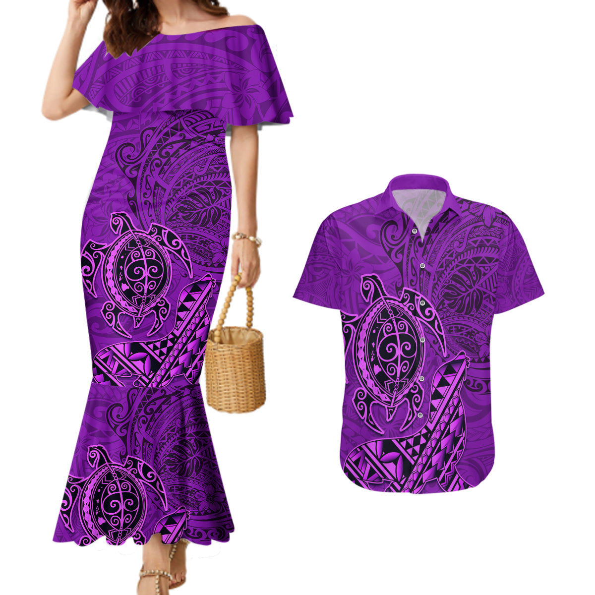 Hawaii Monk Seal and Dolphin Couples Matching Mermaid Dress and Hawaiian Shirt Polynesian Kakau Pattern Purple
